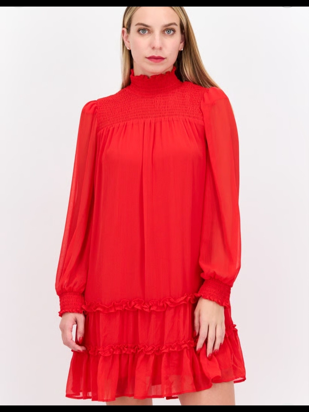 CeCe Red Smocked Yoke Long Sleeve Dress Size Medium